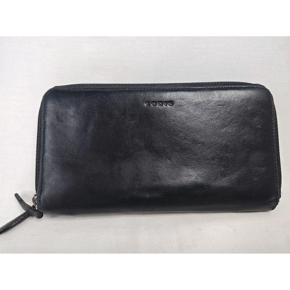 Lodis Los Angeles Black Leather Double Zip Around Wallet Travel Clutch